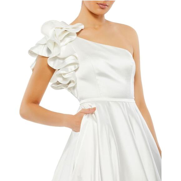 Mac Duggal White Satin One Shoulder Ruffle Gown Evening Dress Size 10 - Picture 3 of 14